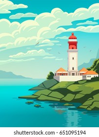 Lighthouse on coast of sea, structure of lighthouse on shore. Summer holidays. Cape Rock. High quality vector illustration.