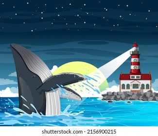 Lighthouse on coast and whale in the sea illustration