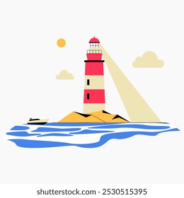 Faro en una isla costera en Ilustración vectorial plana que simboliza la navegación, la guía y la seguridad marítima, aislado sobre fondo blanco.