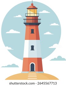 Lighthouse on a coastal island in flat vector illustration. Navigation, guidance, and maritime safety