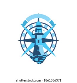 Lighthouse on compass with ribbon design Sea coast ocean water nautical tower building navigation travel marine and beach theme Vector illustration