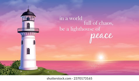 Lighthouse on dusk realistic poster with colorful sea and sky on background vector illustration