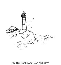 lighthouse on the edge of a rocky coast with circling seagulls and a house next to a fence - hand drawn outline drawing