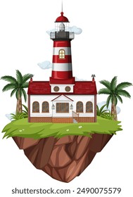 Lighthouse on a floating island with palm trees