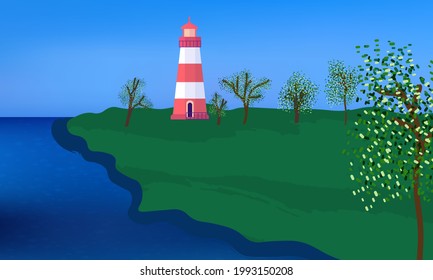 Lighthouse on a green camp, surrounded by the trees, clear blue sky and water coast.