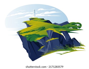 Lighthouse on the green rock. Seashore, summer day, clouds and birds. Flat vector illustration