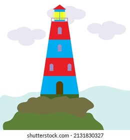 Faro en una roca alta, ilustración vectorial brillante en el estilo de plano