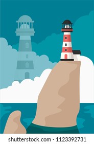 lighthouse on a high stone in the sky clouds flat illustration of a romance mirage