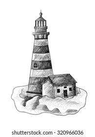 Lighthouse on the hill. Black and white vector illustration. Tattoo