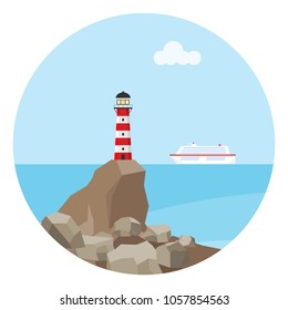 The lighthouse on the hill illuminates the path. A realistic lighthouse against the blue sea. Flat design, vector illustration, vector.