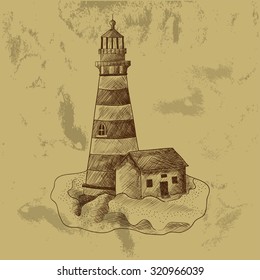 Lighthouse on the hill. Vintage vector illustration on textured background