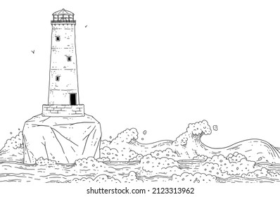 Lighthouse on island among stormy sea waves. Seascape with signal tower searchlight and water for banner design. Vector black white line doodle illustration.