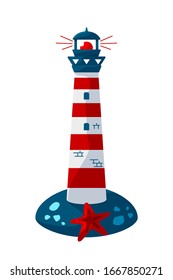 Lighthouse on the island, in the cartoon style. Vector image isolated on a white background.