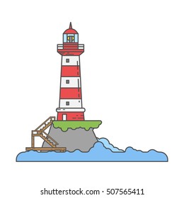 Lighthouse on island coast icon in line cartoon styles