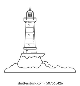 Lighthouse on island coast icon in outline cartoon styles