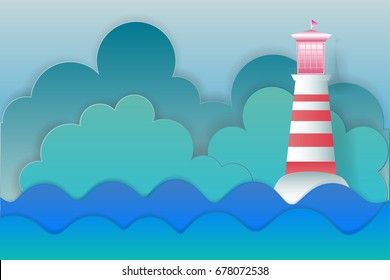 lighthouse on  island with could  cartoon vector background. Beacon in ocean.paper art style