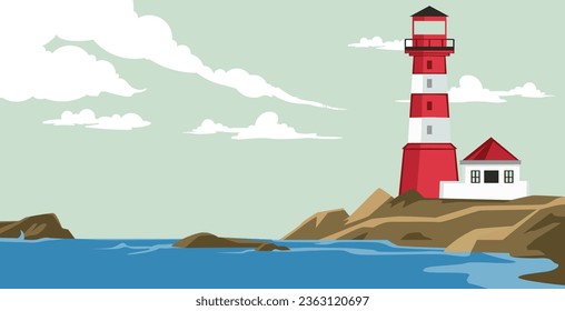 Lighthouse on island in flat style. Coastline landscape with beacon. Faros on the beach, lighthouse on a rock in a landscape of coastal waves