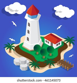 Lighthouse on the island. Isometric. Vector illustration.