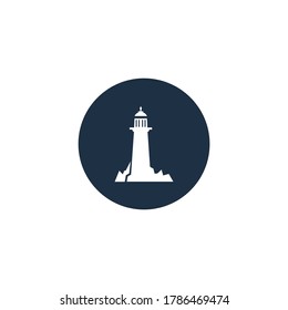 Lighthouse on the island of the middle of the sea for logo design illustration
