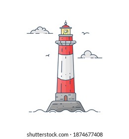 Lighthouse on island in middle of sea with clouds and waves in flat style. Vector illustration of seascape