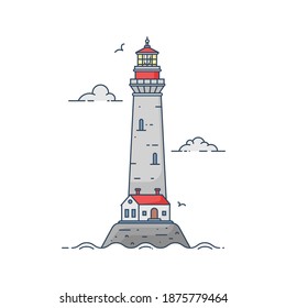 Lighthouse on island in middle of sea with clouds and waves in flat style. Vector illustration of seascape