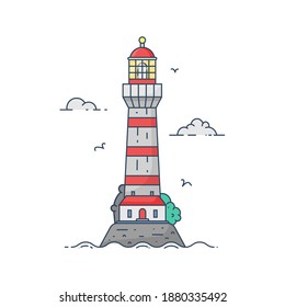 Lighthouse on island in middle of sea with clouds and waves in flat style. Vector illustration of seascape