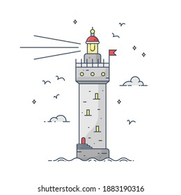 Lighthouse on island in middle of sea in starry night with clouds, stars and seagulls in flat style. Vector illustration of seascape