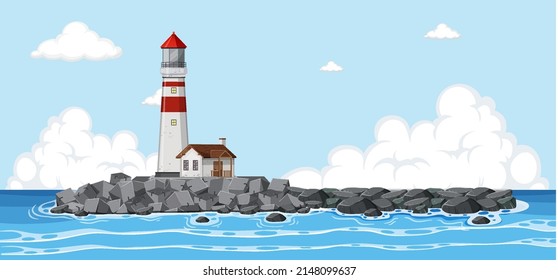 Lighthouse in on the island in the middle of the sea illustration