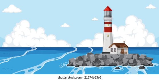Lighthouse in on the island in the middle of the sea illustration
