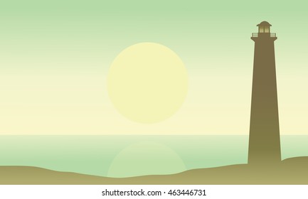 Lighthouse on the island at morning silhouettes illustration