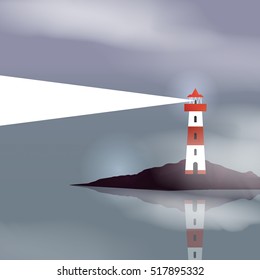 Lighthouse on Island with Navigation Light - Vector Illustration