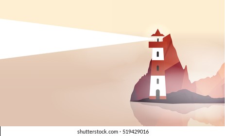 Lighthouse on Island with Navigation Light - Vector Illustration