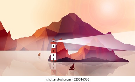 Lighthouse on Island with Navigation Light - Vector Illustration