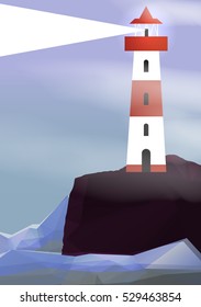 Lighthouse on Island with Navigation Light - Vector Illustration