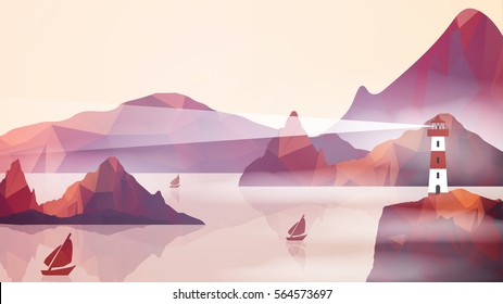 Lighthouse on Island with Navigation Light - Vector Illustration
