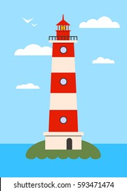 Lighthouse on Island with Navigation Light . Vector Illustration