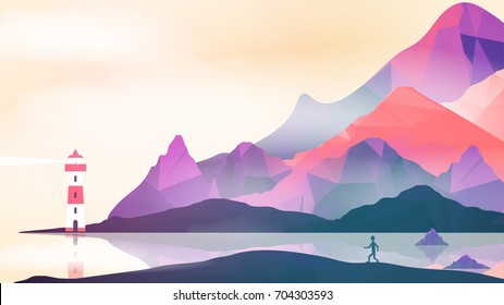 Lighthouse on Island with Navigation Light - Vector Illustration