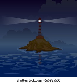 Lighthouse on the island at night with rays. Vector illustration