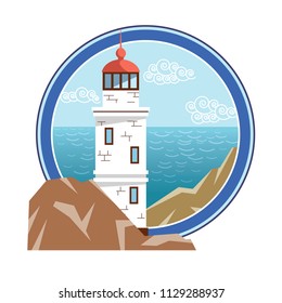 lighthouse on an island in the open sea. vector color illustration