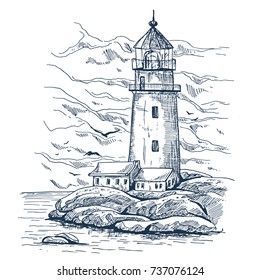 Lighthouse on island with rocks sketch. Lighthouse keeper house or warehouse building . Beacon with hazard beam or searchlight. Architecture and harbor guidance, ocean and marine theme