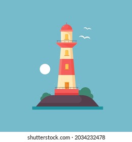 Lighthouse on island and sea in flat style