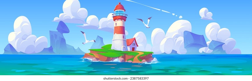 Faro en la isla en la escena del paisaje del vector del mar. Casa luminosa con vistas a la costa de los acantilados. Torre de la playa construida a orillas del mar para la navegación. Diseño gráfico de verano soleado naumático con nube