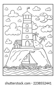 Lighthouse on the island. A ship sails by the island. Black and white vector illustration for coloring book.