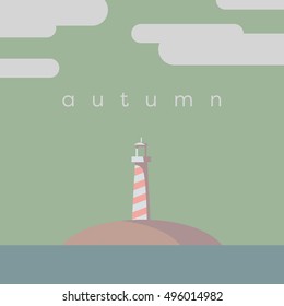 Lighthouse on the island vector illustration. Autumn or fall colors palette. Eps10 vector illustration.
