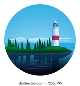 Lighthouse on the island. Vector illustration.