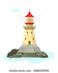 Lighthouse on the island. Vector isolated on a white background.