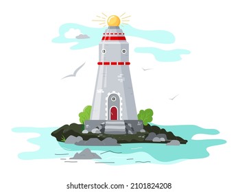 Lighthouse on the island. Vector, isolated on a white background.