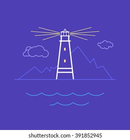 Lighthouse on Lilac Background , Beacon and Mountains  , Line Style Design,   Design Element, Marine Emblem for Travel Industry,  Vector Illustration