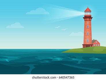 Lighthouse on on the little island cartoon landscape. Beacon in ocean for navigation vector illustration.