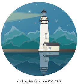 Lighthouse on mountains background at night. Flat style vector illustration.